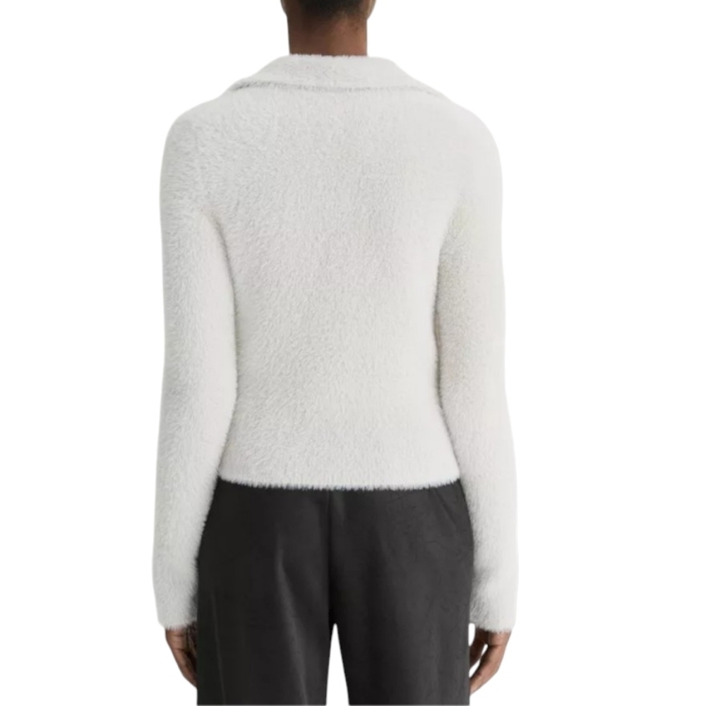 Vince Eyelash Polo Sweater Long Sleeve Soft FuzzyTexture Light Birch Stone M NWT - Picture 9 of 14